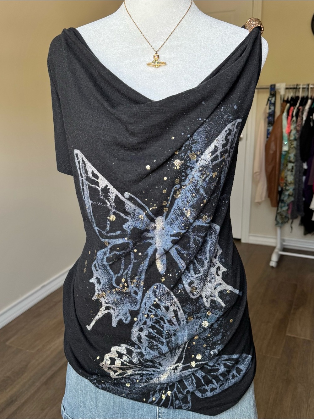 Black Butterfly Graphic Off Shoulder Y2K Mcbling Glitter Women's 2XL Blouse